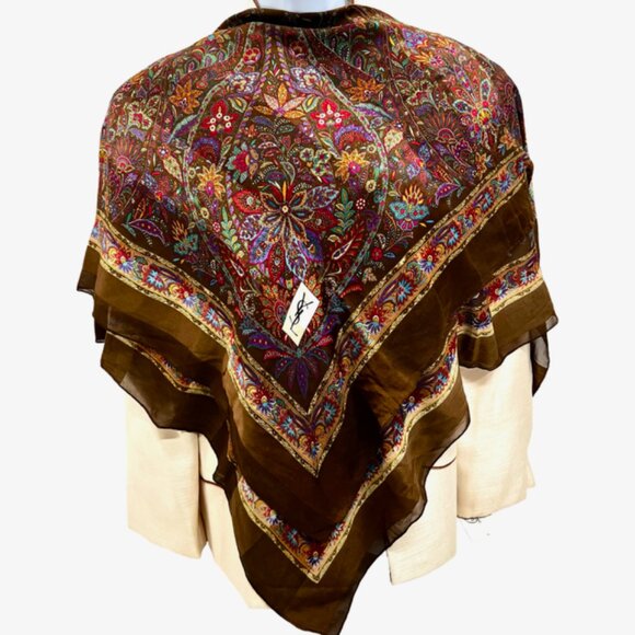 Yves Saint Laurent 100% SilkChiffon/Satin Scarf 42"  Brown Red Green Floral ( 29 - Picture 1 of 15